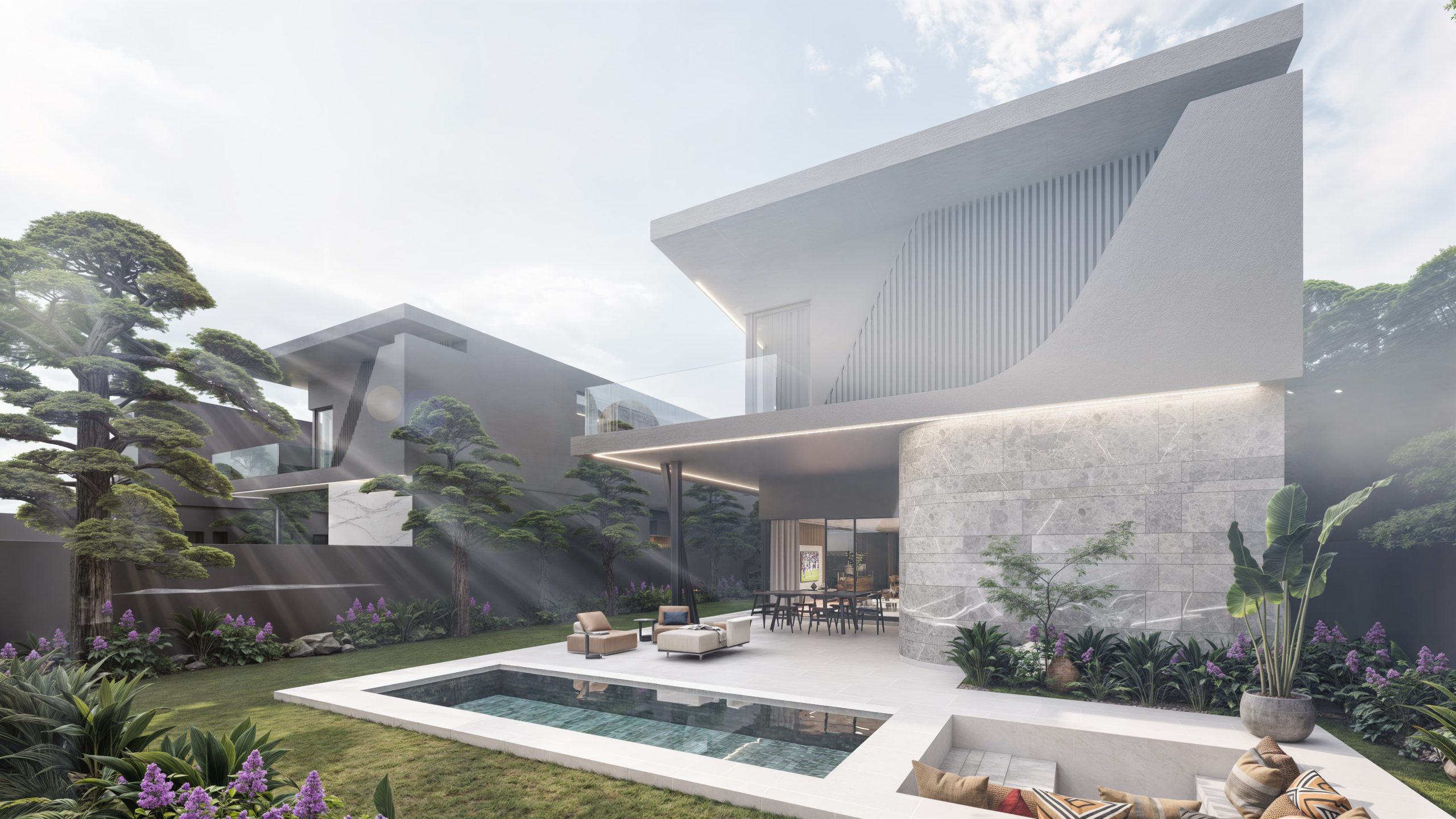 Garden-side render of one of the homes, showing the pool, covered patio and double-volume living space.