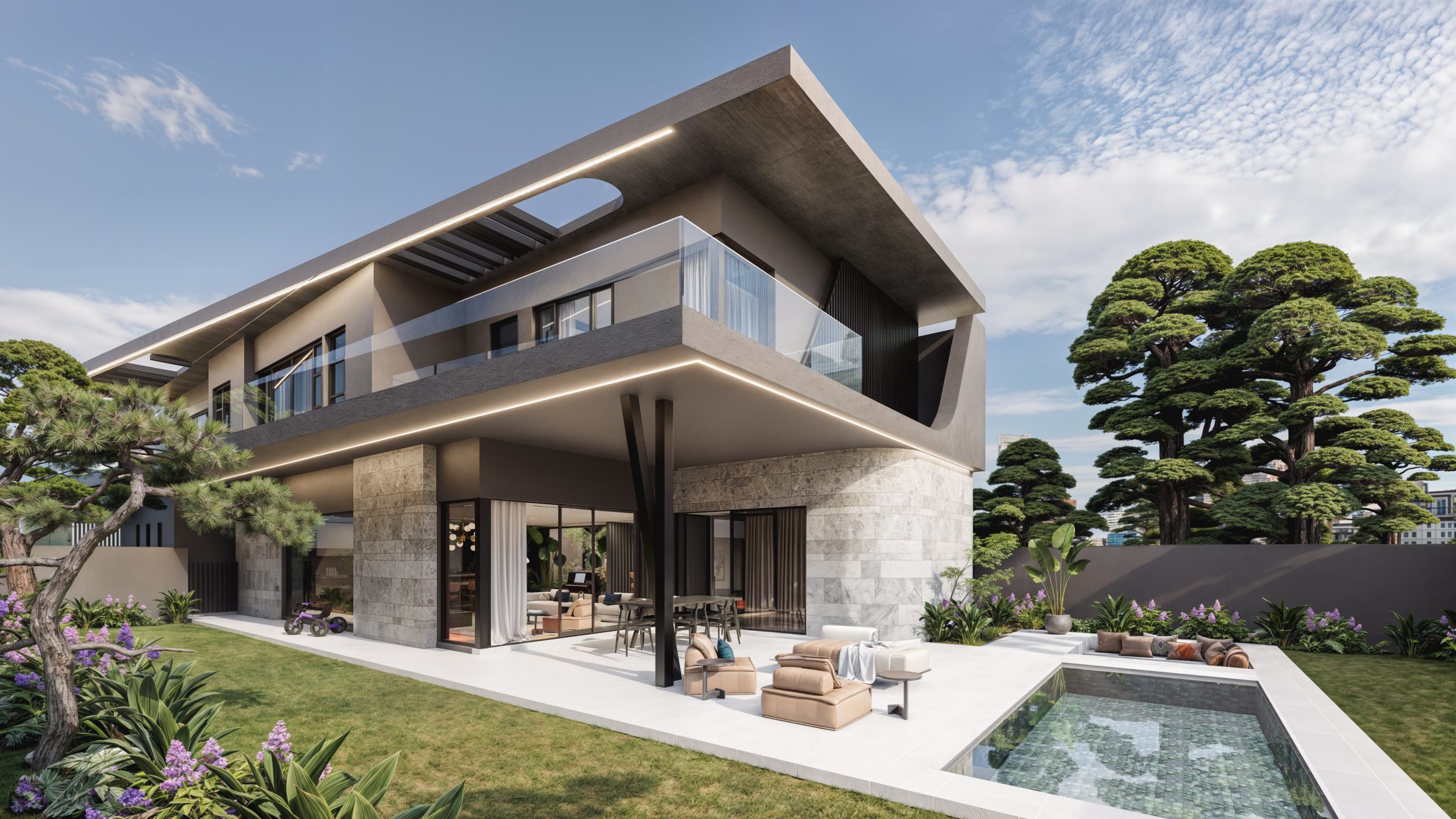 Rear elevation render, showing the cantilevered upper level, pool deck and landscaped garden.