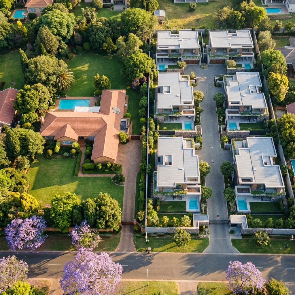 Aerial view of two identical stands: a single family home on one, six luxury clusters behind a secure gate on the other
