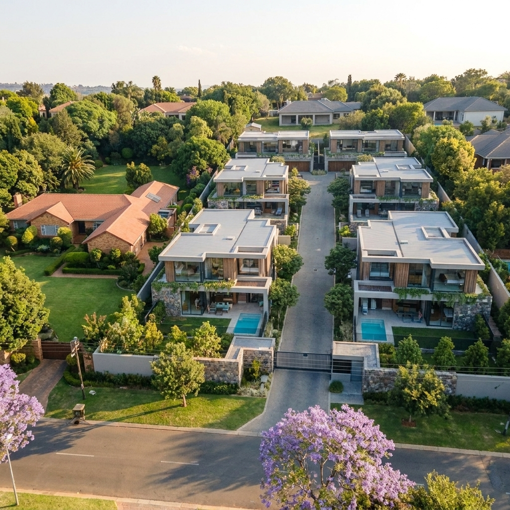 Street-level view of a single home beside the same-size stand redeveloped as six modern cluster homes